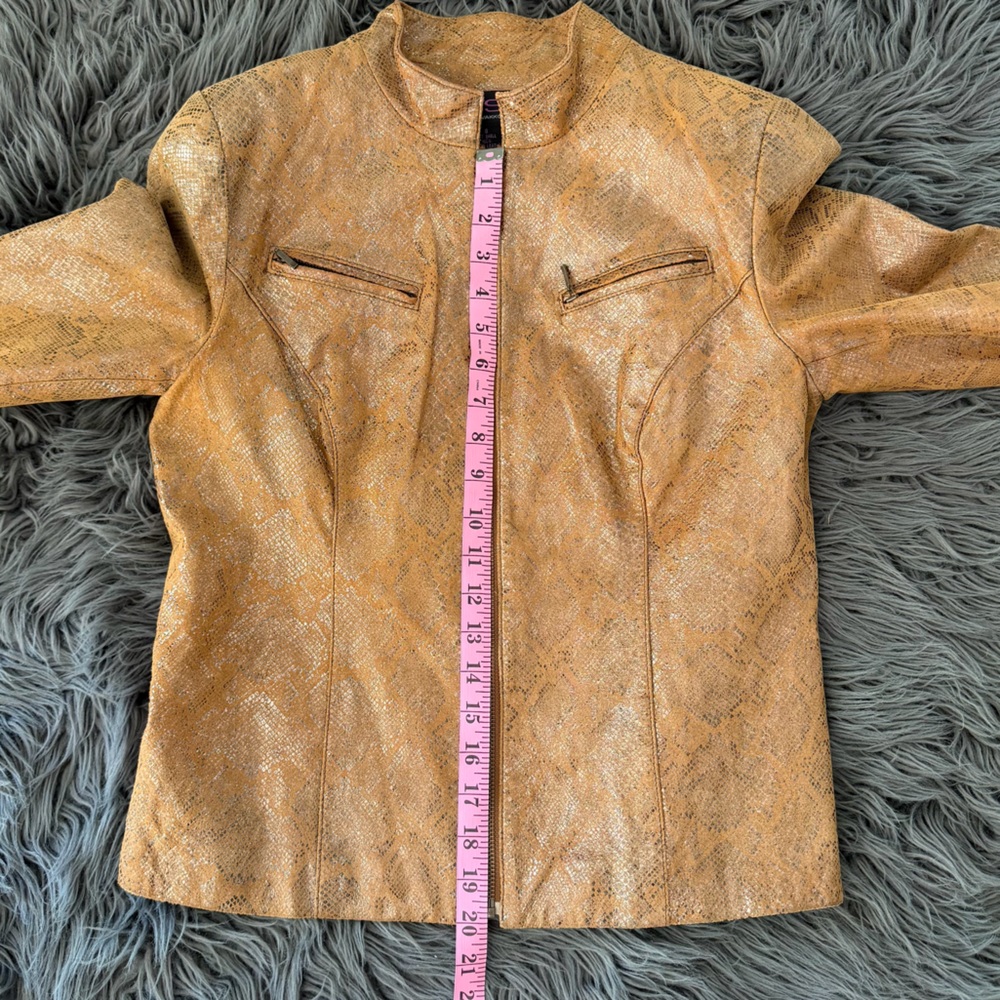 Vakko VS2 Metallic Gold Leather Moto Jacket Brown Printed Size 8 - Picture 5 of 9